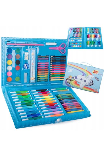 Set de pictură și desen pentru copii, 86 de bucăți, creioane colorate, pasteluri în ulei, acuarele, albastru