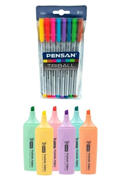 Pensan Triball Tükenmez Kalem Seti 8 Renk ve Mikro Fosforlu Kalem