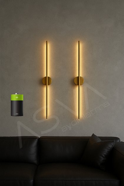 2 Li 70 cm Ortadan Taslı Pilli Aplik Günışığı Led Gold Kasa Pil Dahil, Dekoratif Duvar Lambası