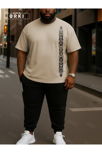 Trendy Stylish Printed Plus Size Beige T-Shirt & Black Pants Tracksuit Set