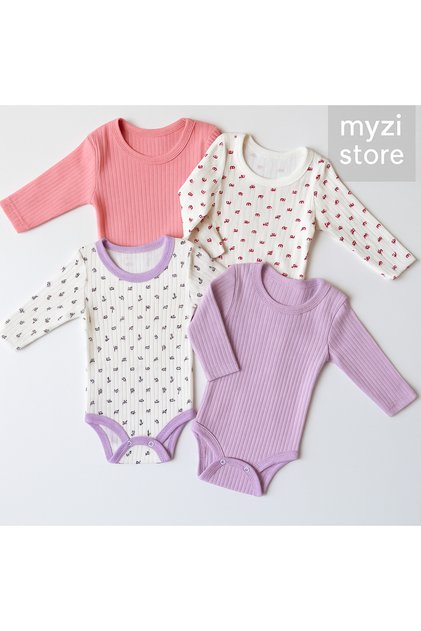Baby Girl 4 Pieces (2 Patterned-2 Solid) 100% Cotton Long Sleeve Snap Fastener Bodysuit