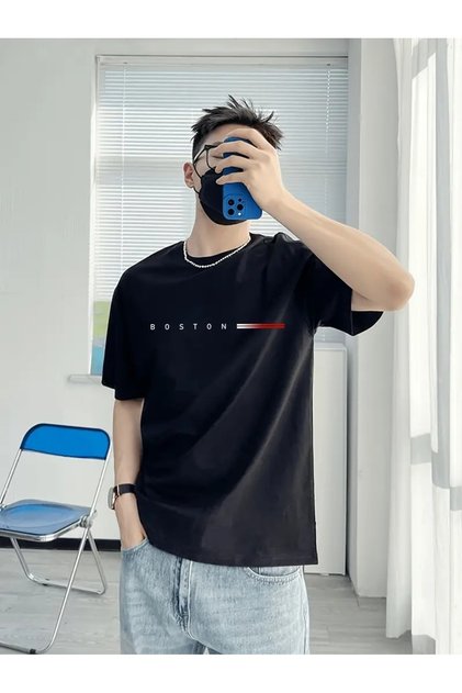 Men's Black Boston Stripe Printed Oversize