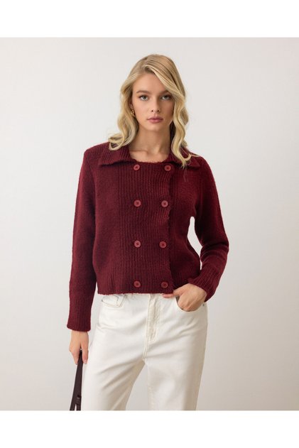 Women's Brown Premium Knitwear Cardigan with Cool Buttons and Stylish Polo Collar Detail