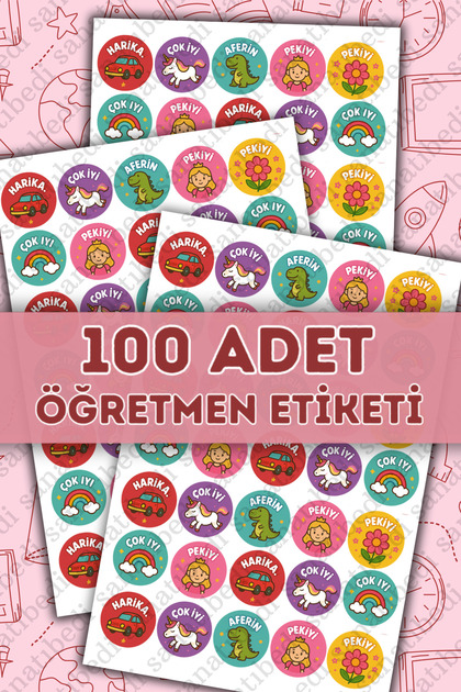 100 Adet Öğretmen Etiketi - Okul için öğrenci karne ödev motivasyon sticker 3x3 cm