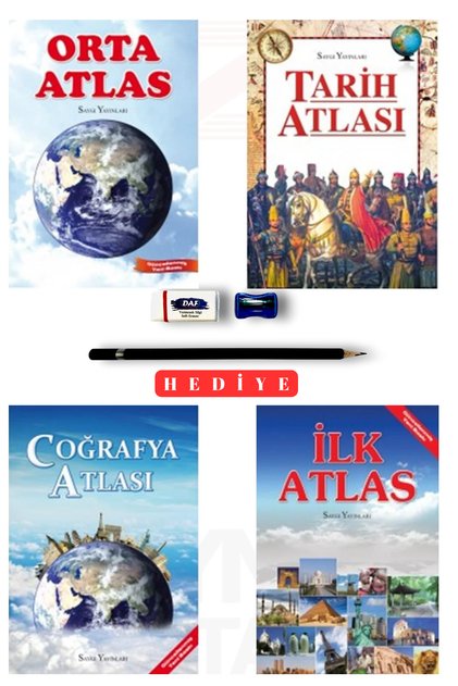 Orta Atlas - Tarih Atlası - Coğrafya Atlası ve İlk Atlas 4'lü Set (Kalem Seti Hediyeli)