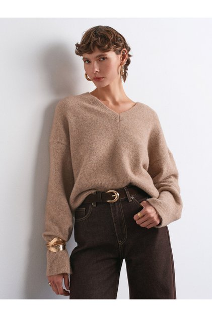 10645 V-Neck Soft Textured Knitwear Sweater-O.Beige Mel.