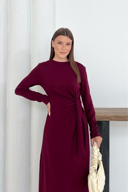 Women's Burgundy Modal Fabric Long Dress with Side Tie Detail