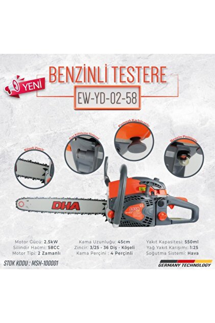 KMTMAK DHA Benzinli Motorlu Testere 58CC 36 Diş EW-YD02-58 Gold
