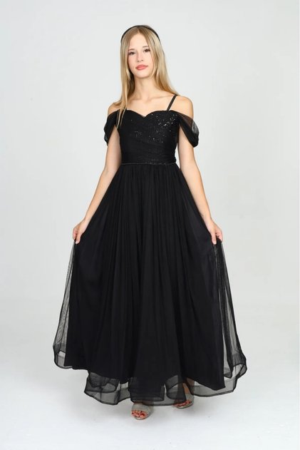 Girl's Tulle Chiffon Detailed Long Dress Wedding Birthday and Graduation Evening Dress