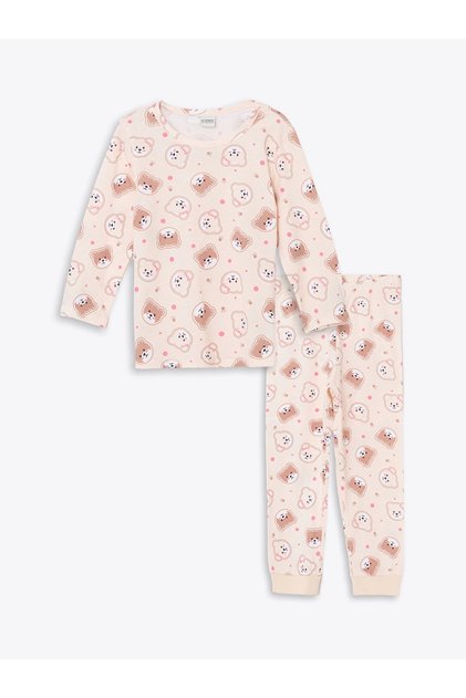 Lcw Kids Ecru Crew Neck Printed Girl's Pajama Set
