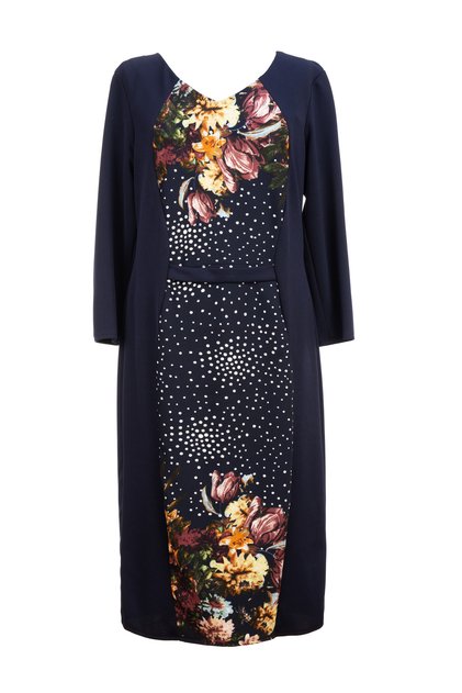 Rochie dama, culoare bleumarin, cu model floral-in fata