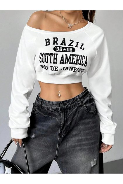 Women's White Brazil South America Printed Off Shoulder Crop Sweatshirt
