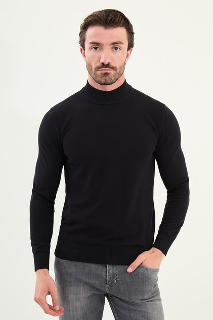 Plain Slim Fit Half Turtleneck Men's Knitwear Sweater Navy Blue - 11545.25K