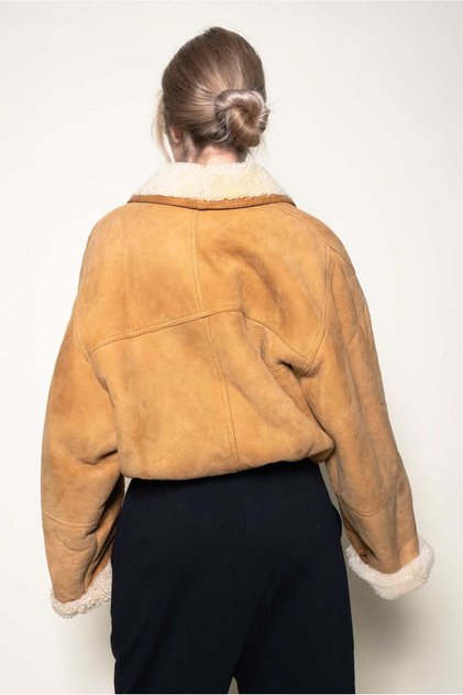 Palton vintage din shearling pentru femei – maro cămilă cu blană crem