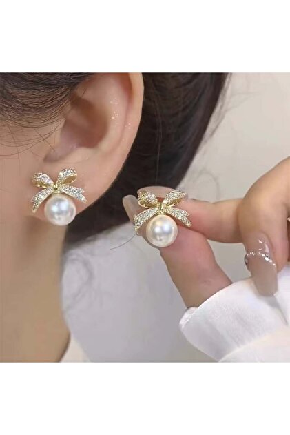 Romantic Bowknot Detailed Gold Color Pearl Earrings – Women's Steel Jewelry, Elegant Choice for Gift