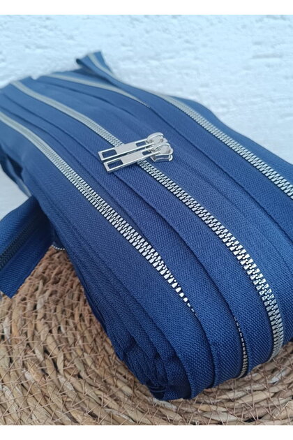 Navy Blue T6 Silver Tooth Bone Zipper Silver Head - 10 Meter Zipper - 10 Pieces Head