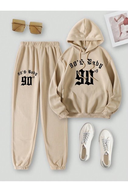 Unisex Men's Women's 90S Baby Printed Oversize 3 Thread Hooded Tracksuit Set