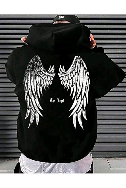 سترة بقلنسوة كبيرة الحجم للجنسين من Street Wear Style Black Angels مطبوعة للنساء/الرجال بثلاث خيوط