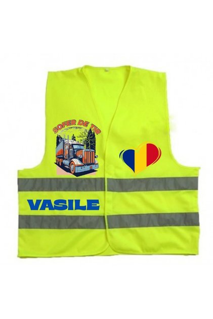 Vestă reflectorizantă personalizată față-verso cu mesaj, TIR, steag România și numele Vasile
