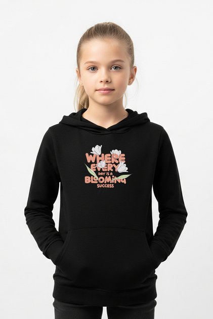 Hooded Girls' Sweatshirt with Kangaroo Pockets and Flower Print Detail