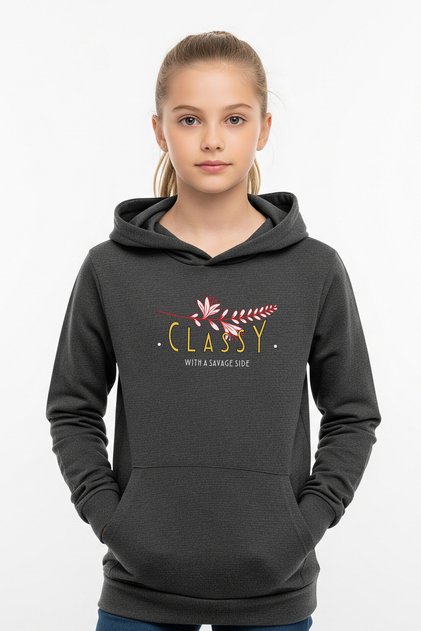 Hooded Kangaroo Pocket Glassy Printed Detail Girl's Sweatshirt