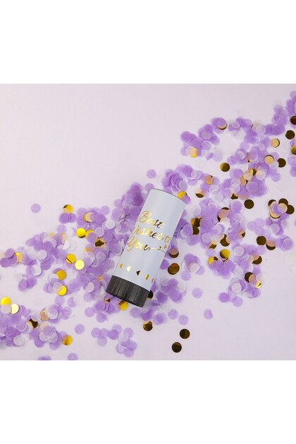 Tun de confetti, Flippy, Cele mai bune urări 11 x 4 cm, model cu buline din hârtie și folie, violet