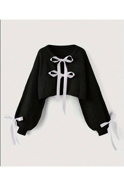 Bow-Detail Ribbon-Detail Knit Cardigan