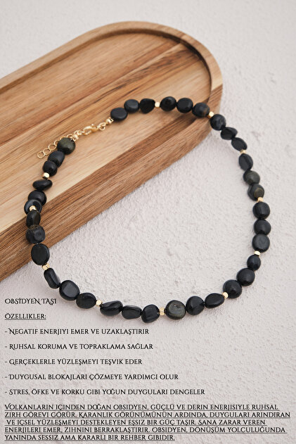 Obsidyen Doğal Taş Kolye 40cm+5cm El İşi Özel Yapım Gerçek Obsidyen Siyah Taş