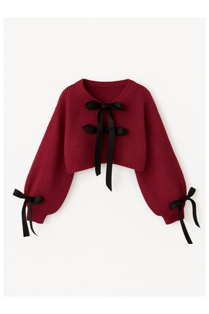 Bow-Detail Ribbon-Detail Knit Cardigan