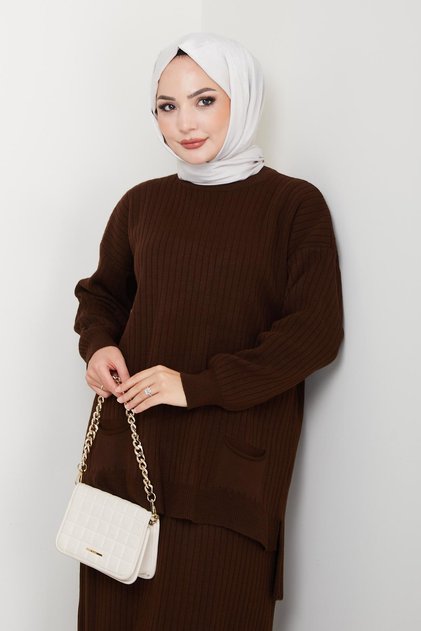 Vertical Striped Knitwear Tunic Skirt Set with Pockets