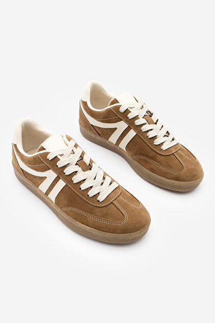 Marjin Kadın Sneaker Bağcıklı Düz Taban Spor Ayakkabı Tiyone Taba