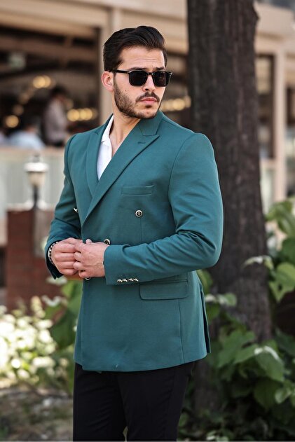 Erkek Siyah Slim Fit Penye Kumaş Kruvaze Ceket