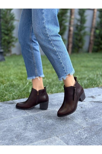 Brown Leather Heeled Women's Casual Boots