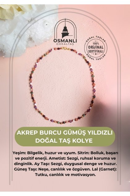 Sertifikalı Akrep Burcu Gümüş Yıldızlı Doğal Taş Kolye
