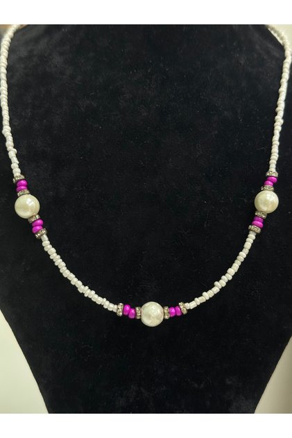 Fuchsia and Pearl Look Beaded Necklace