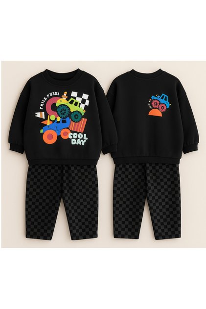 Boy's Black Color Car Printed Back Detailed Sweatshirt Checked Jogger Tracksuit Top and Bottom Set