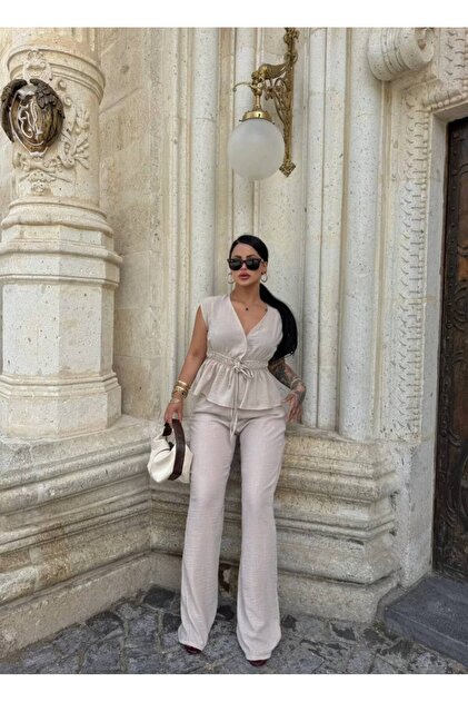 Double Breasted Collar Lace-Up Elastic Zero Sleeve Top Size Elastic Waist Pocket Palazzo Trousers Linen Suit