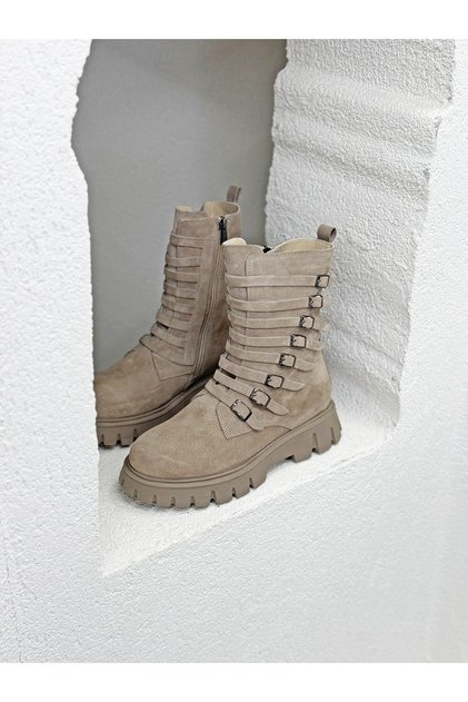 25K-001-R25-208 Khaki Leather Buckle Detail Thick Sole Boots for Women