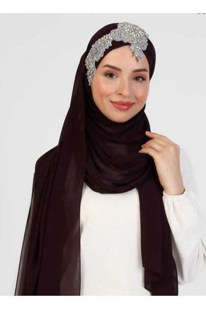 Flora Hand Embroidered Chiffon Shawl - Dark Plum