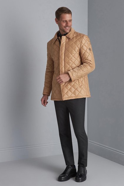 Camel Standard Fit Quilted Buttoned Jacket Collar Plain Long Sleeve Men's Coat