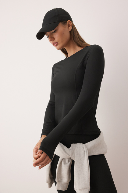 Siyah Dikiş Detaylı Dalgıç/Scuba Kumaş Spor Örme Üst/Bluz THMAW26BZ00004