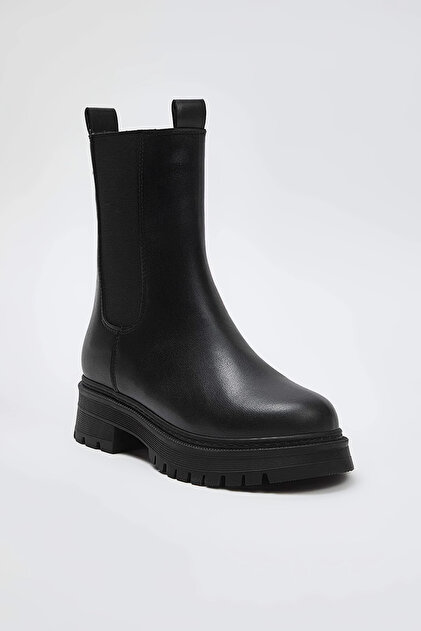 Black Elastic Women's 4 cm Flat Thick Sole Chelsea Boots TAKAW26BO00095