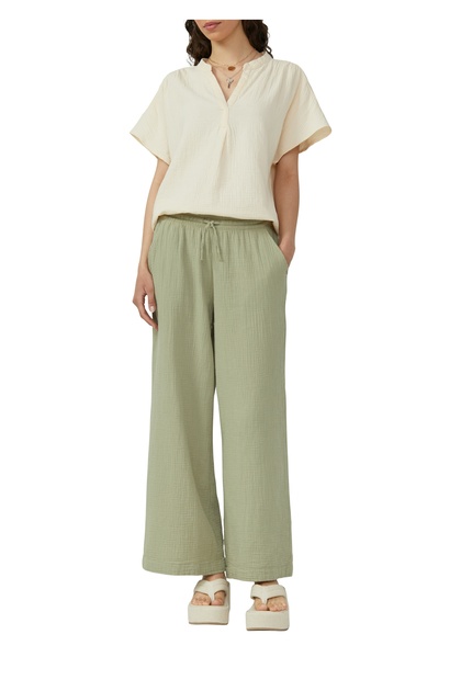 Široké nohavice Muslin Trouser, lakované nohavice, elastický pás, tkaná tkanina, dvojitá tvár, široké nohavice, ležérne, pevné