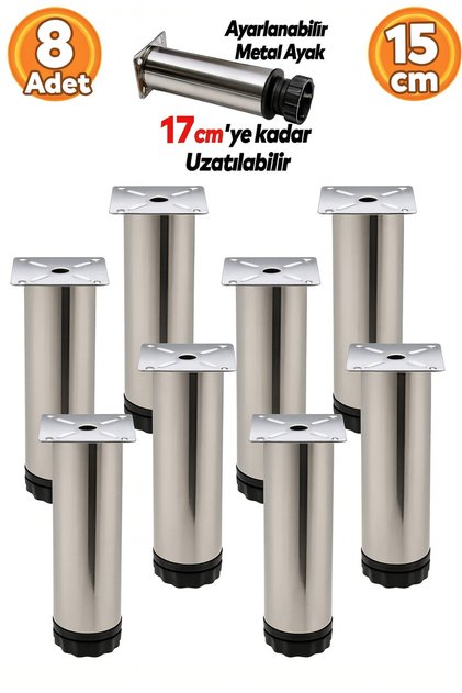 Ayarlanabilir Mobilya Kanepe Baza Koltuk Metal Destek Yükseltici Ayağı 15 cm Krom Ayakları (8 ADET)