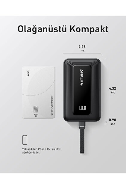 Anker Zolo Powerbank (10K, 30W, Dahili USB-C Kablo) - Siyah