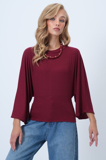 Kadın Bordo Bisiklet Yaka Beli Korsaj Formlu Örme Bluz ALC-X14598