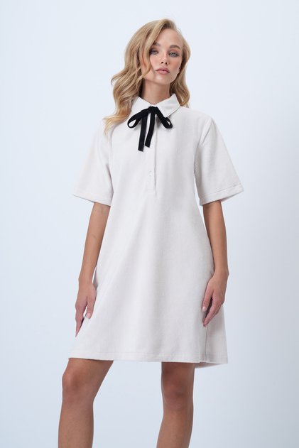 Ecru Polo Collar Half Placket Buttoned Textured Velvet Mini Dress Alc-X14536