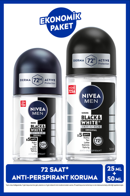 MEN Erkek Roll-on Deodorant Black&White Invisible Original 50ml ve Mini Roll-on 25ml, Leke Karşıtı