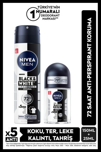 MEN Erkek Sprey Deodorant Black&White 150ml Ve Mini Roll-on 25ml, 72 Saat Anti-perspirant Ter Koruma