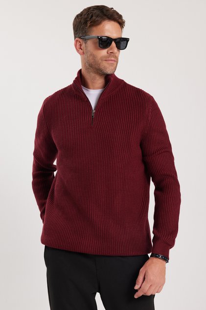 Erkek Slim Fit Dar Kesim Fermuarlı Bordo Dik Yaka Triko Kazak